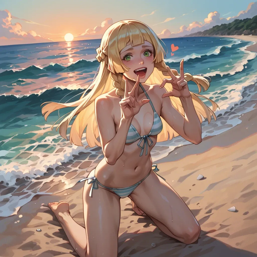 Lillie, mischievous look, laughing with open mouth, dressed in a bikini made with veils, showing her belly button, on kneels, heart sign with hands, on the beach, sunset, play of shadows, beautiful lighting, subtle pastel tones, 8k