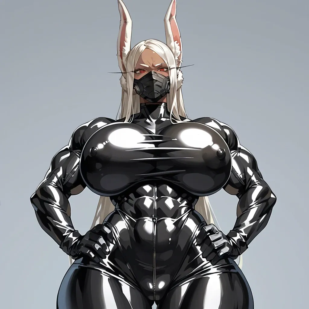 Miruko, black latex suit, broken latex suit, extremely tight suit, hyper muscular, breasts bigger than head, unrealistic hyper breasts, massive hips, hands on hips, looking at viewer, black facemask, massive bulge, bottom view