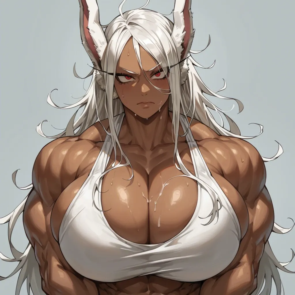 Miruko, Miruko (my hero academia), long hair, white hair, messy hair, brown skin, red eyes, perfect face, perfect skin, massive woman, tall woman, gigantic woman, hyper muscular woman, muscular, flexing arms, (unrealistic hyper breasts 1.3),(breasts bigger than head 1.3),extremely thin waist, abs, toned abs, white pubic hair stupidly thick penis, massive penis, penis longer than legs, veiny cock, cock ring, extremely big testicles, musky testicles, extremely thick thighs, muscular thighs, long legs, leashed, collared, spiked collar, latex gloves, latex leggins, miniscule thong, womb tattoo, nipple piercing, black platform heels, horny eyes, sharp teeth, mouth open, long tounge, extremely long tounge, pointy tounge, looking at viewer, front view, squatting, bedroom, on top of bed, bed full of cum, musk clouds, musky penis, hands behind head, uncontrolled lactation, uncontrolled cumming, uncontrolled orgasm, hyper inflated condoms