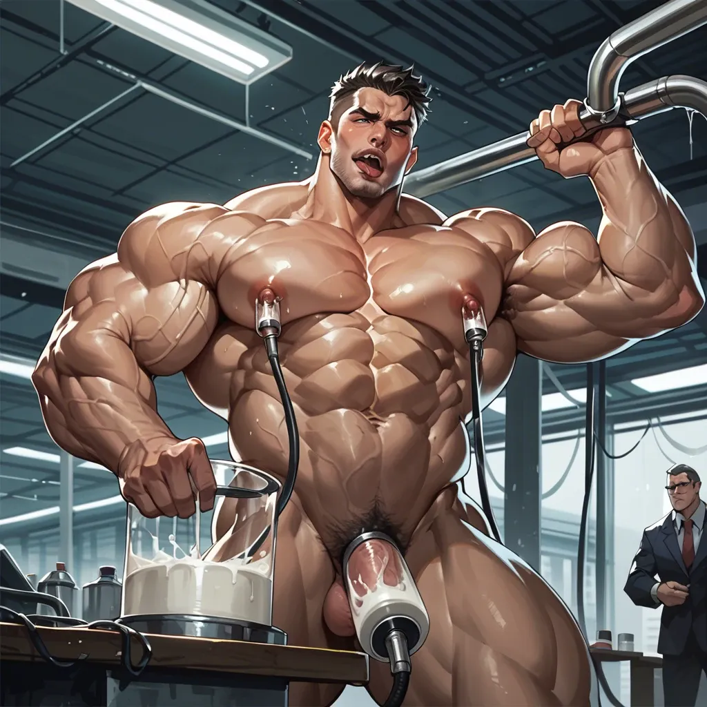 Female test subject, massive muscles, strapped to a table in a government facility, nipples hooked to a milking machine. Suction domes on nipples. Large, muscular, juicy vascular square pecs. Practically slabs of muscle. Ahegao.