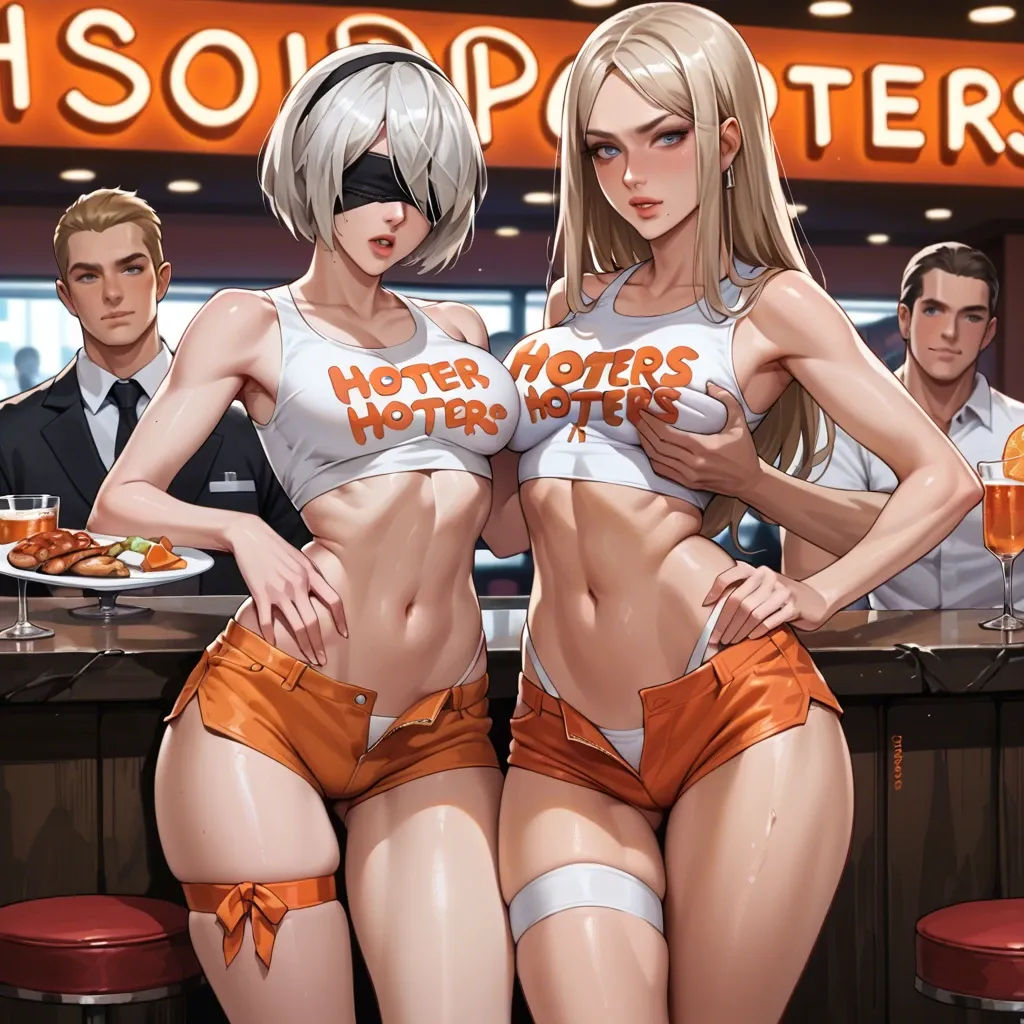 teen boy link groping yorha 2b in strip club full of girls,hooters outfit,thigh job