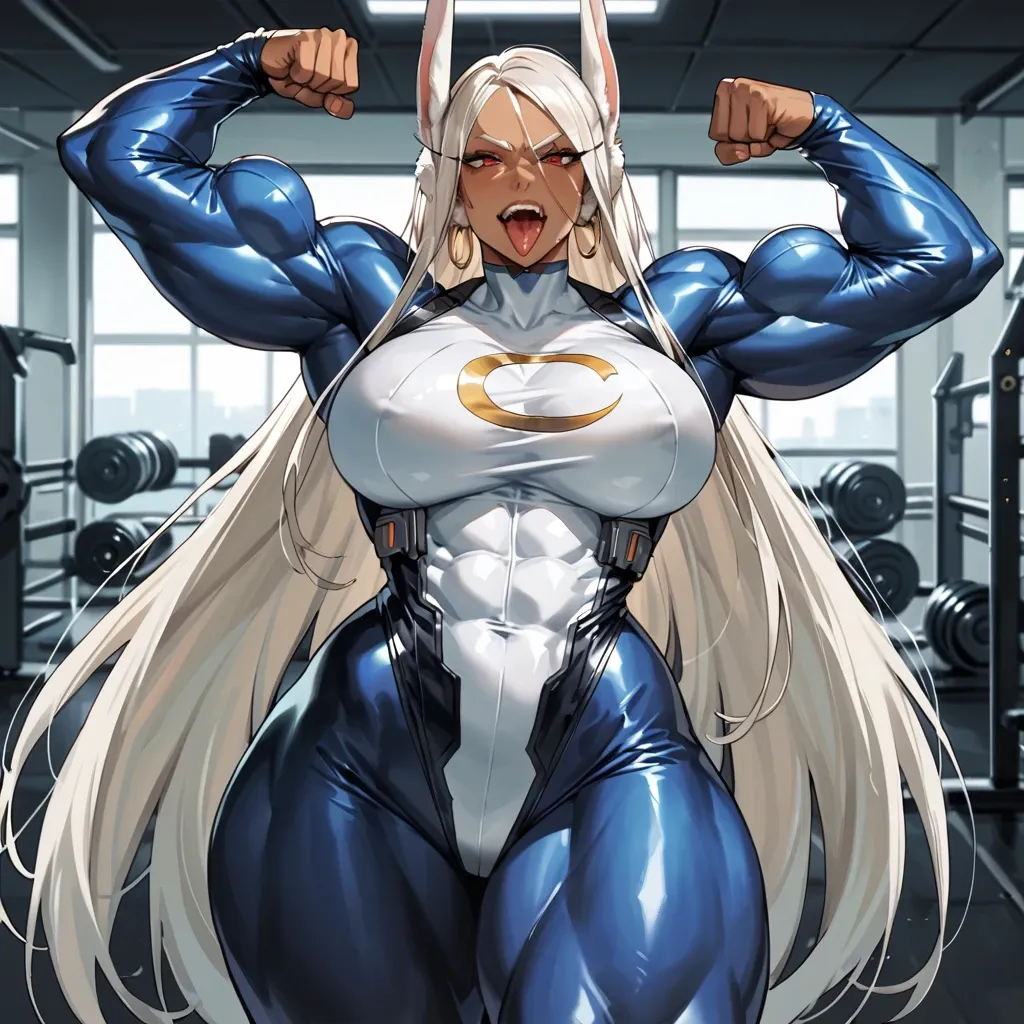 Miruko, latex suit, extremely tight suit, hyper muscular, breasts bigger than head, massive hips, flexing arms, looking at viewer, ahegao