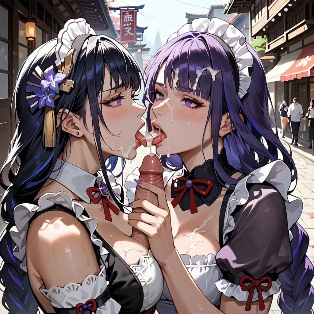 2 girls, Raiden Shogun, Sara, blowjob, maid uniform, cum on hair, public place