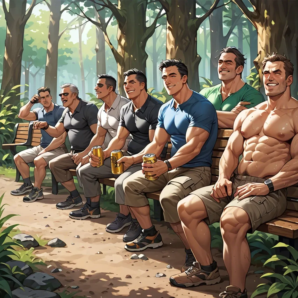 5men,Forest path, bench,,Disgusting old men,dirty clothes,smiling drinking beer cans