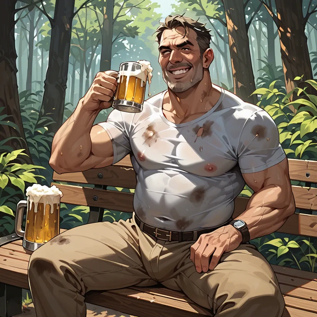 Forest path, bench,,Disgusting old men,dirty clothes,smiling drinking beer