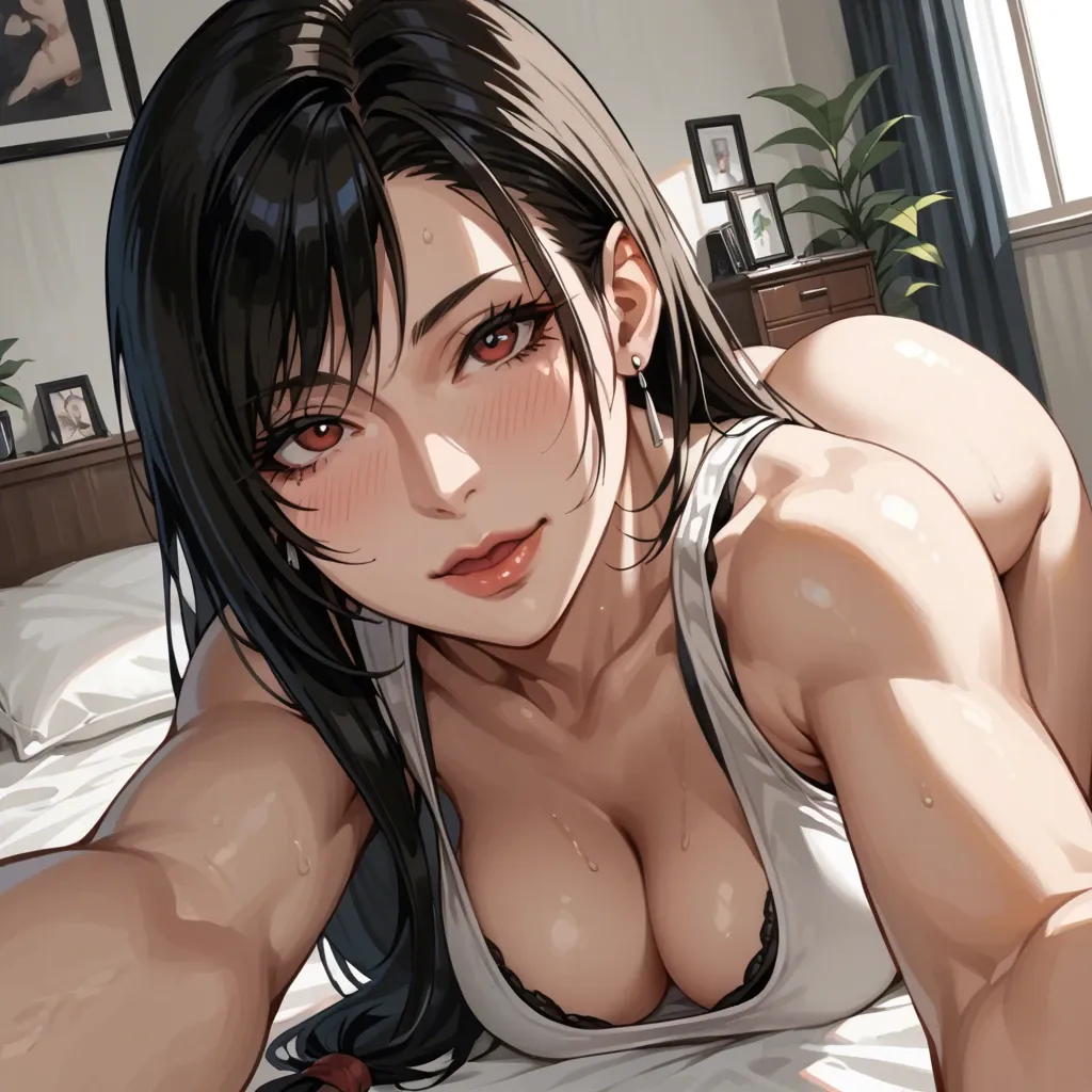 tifa lockhart,mature face,black boy with huge long and veiny black dick,doggystyle,sexy curvy body,selfie,slutty face,grinning,anime style,inside bedroom