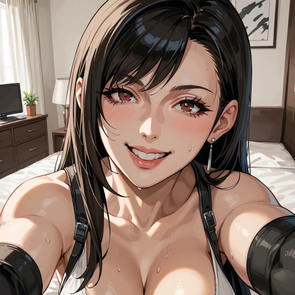 tifa lockhart,mature face,black boy with huge long and veiny black dick,doggystyle,sexy curvy body,selfie,slutty face,smiling,anime style,inside bedroom