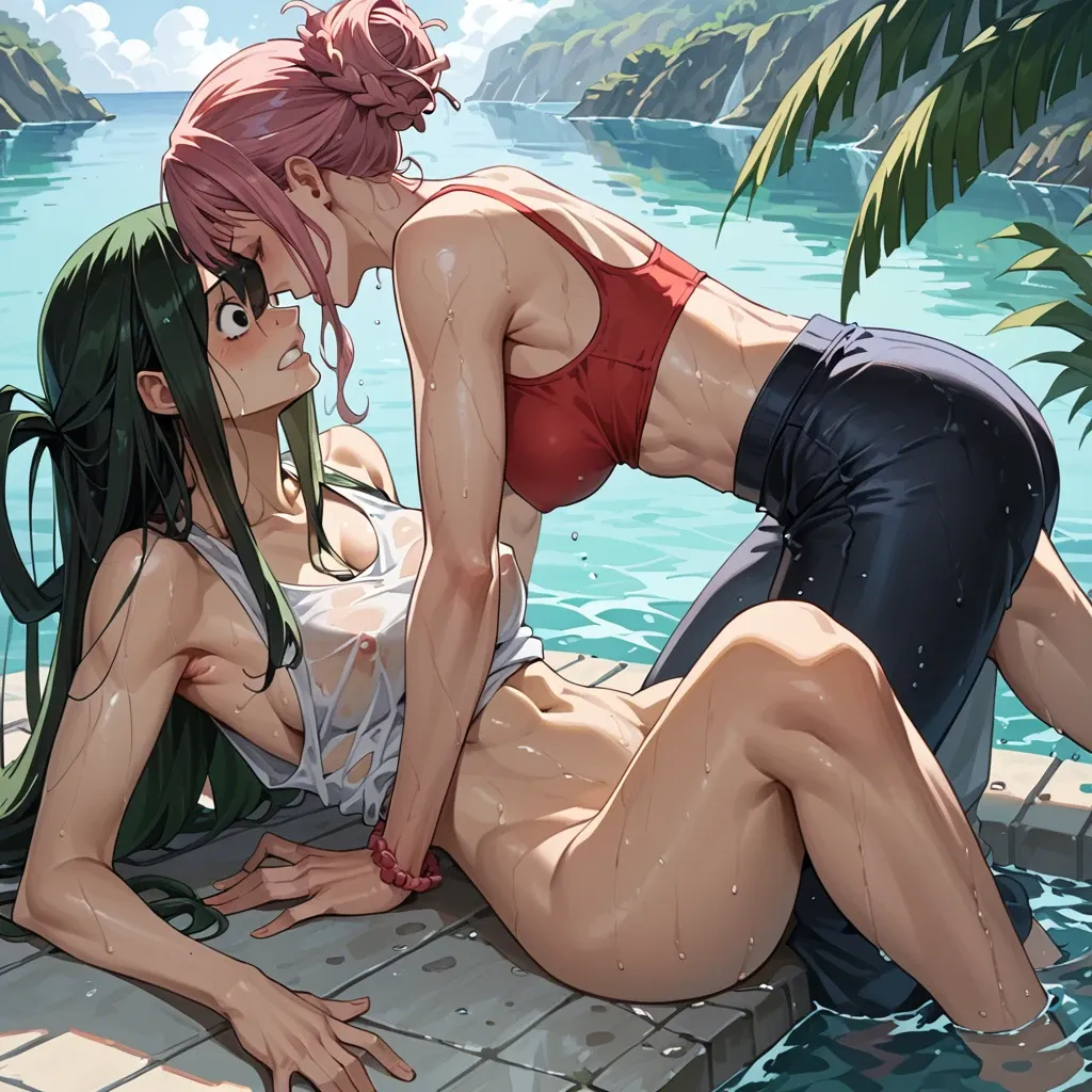 Tsuyu asui from my hero academy do kunilingus for perona from one piece, lesbian sex, 2 girl, wet, casual clothes