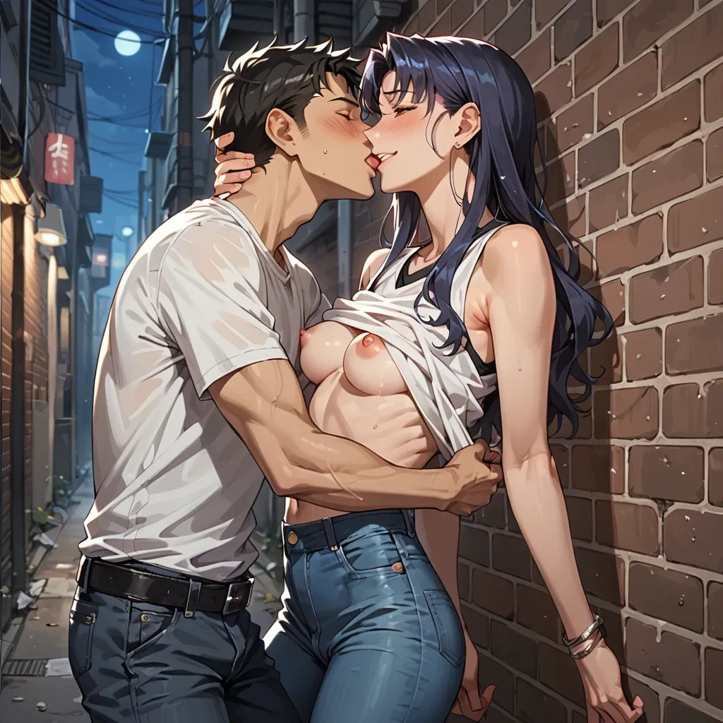 slutty petite skinny Misato Katsuragi,clothes,alley,night,beer can,blushing,smiling,lifting shirt,denim pants,kissing shinji ikari