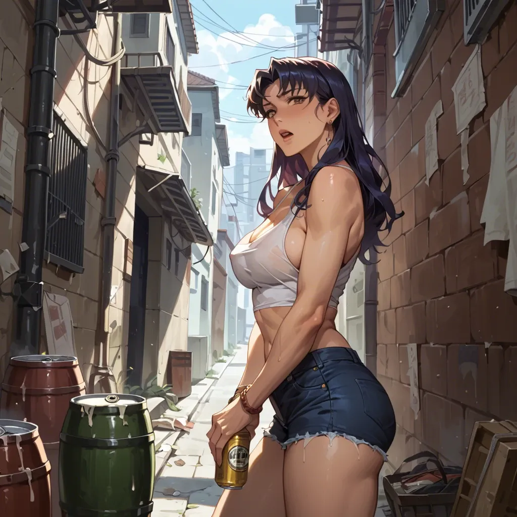 slutty Misato Katsuragi,clothes,alley,beer can