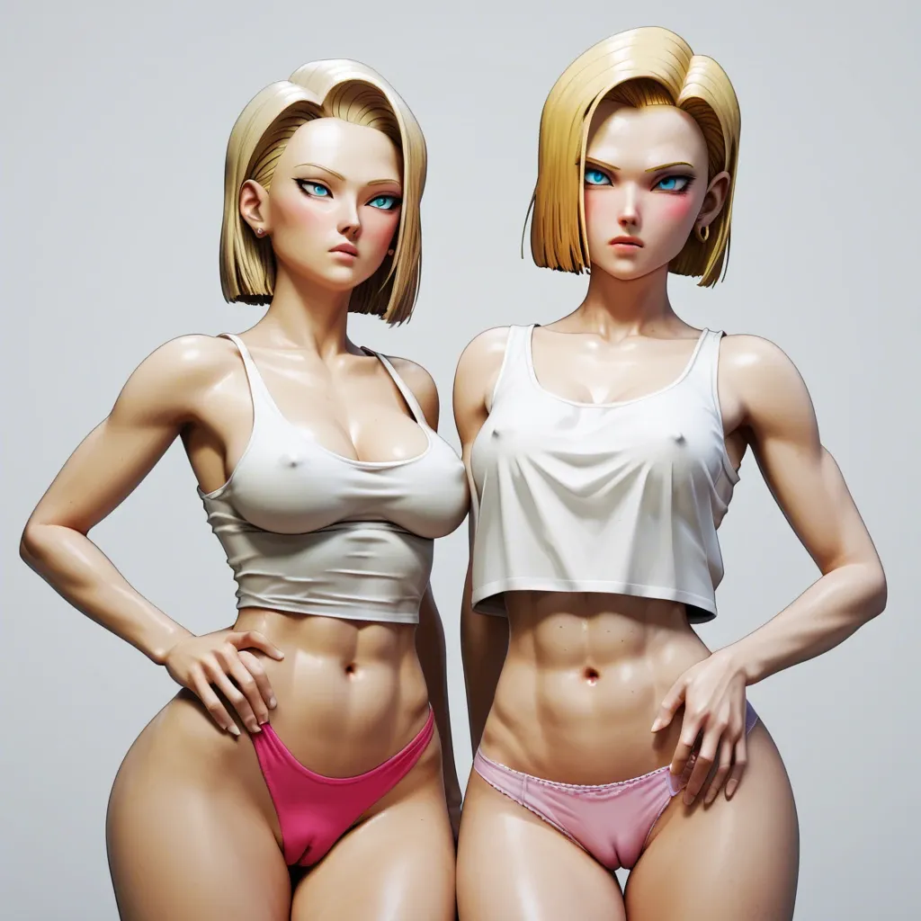 3D hentai art style, Android 18 from Dragon ball, , blushing, extra wide waist, pink panties, camel toe, tank top, multiple girls in the frame.