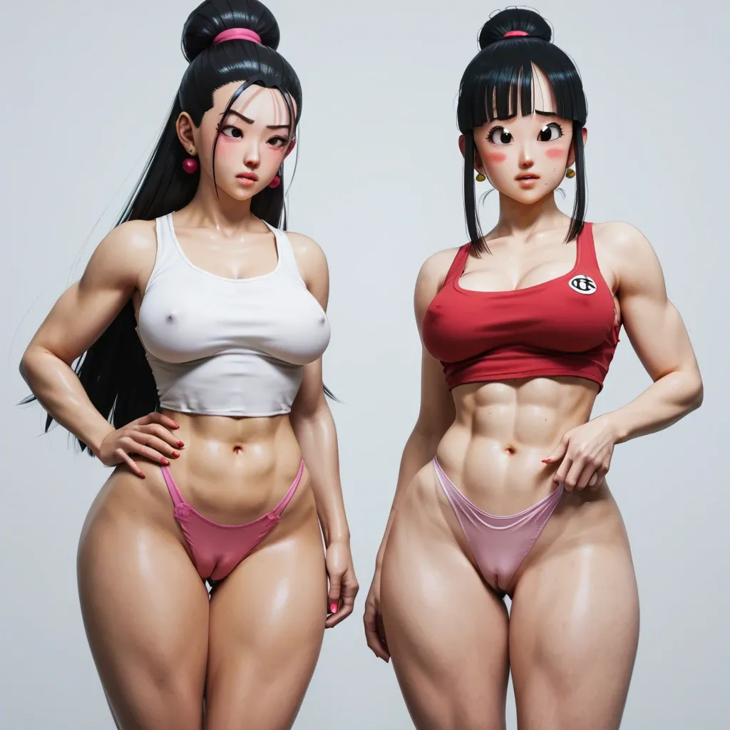 3D hentai art style, chichi from Dragon ball, , blushing, extra wide waist, pink panties, camel toe, tank top, multiple girls in the frame.