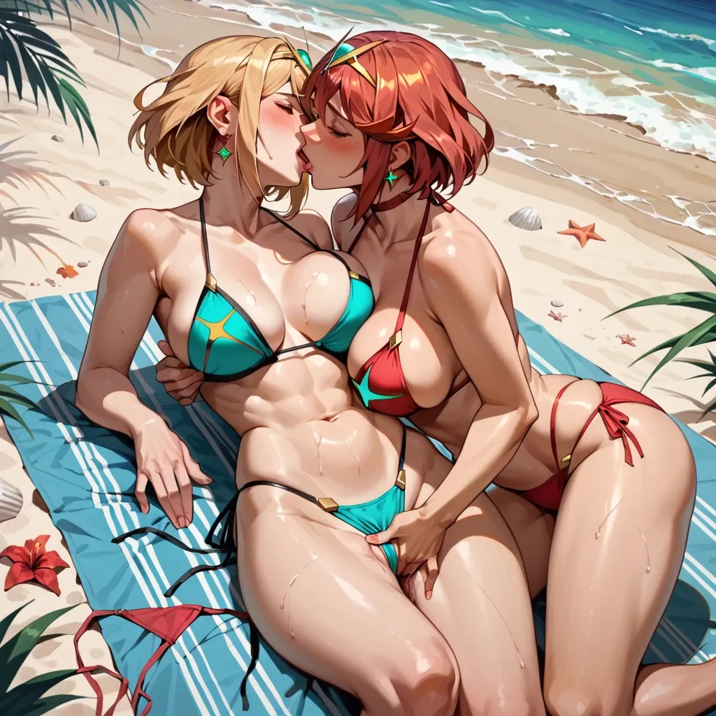 2 girls, lesbian, beach, bikini, voluptuous, pyra, Redhead, mithra, blonde blush, kiss, squeeze breast, fingering pussy