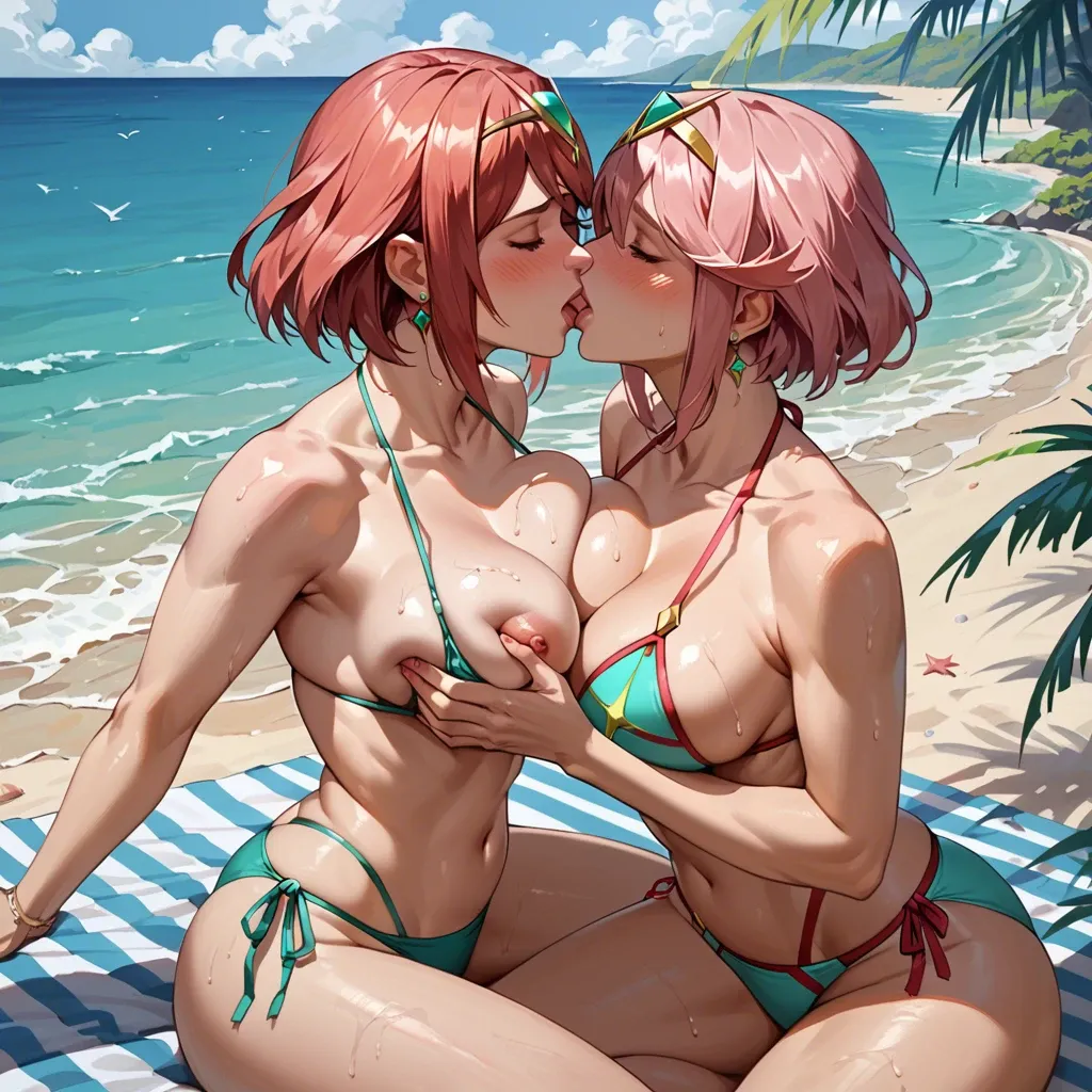 2 girls, lesbian, beach, bikini, voluptuous, pyra, mithra, blush, kiss, squeeze breast