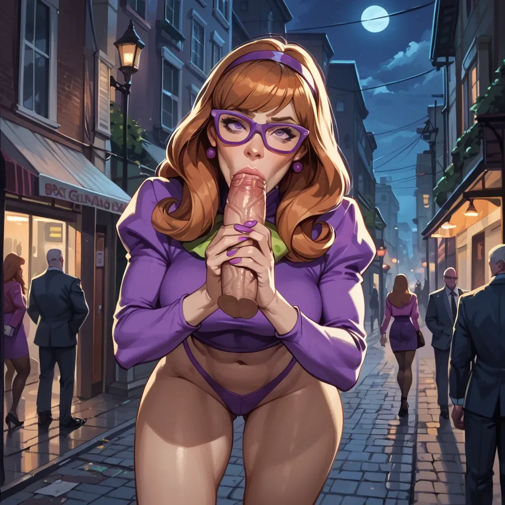 Daphne Blake, Gives Blowjob to Thanos, Thick Legs, Big Breats, Cock Addict, Glasses, at back streets, night.