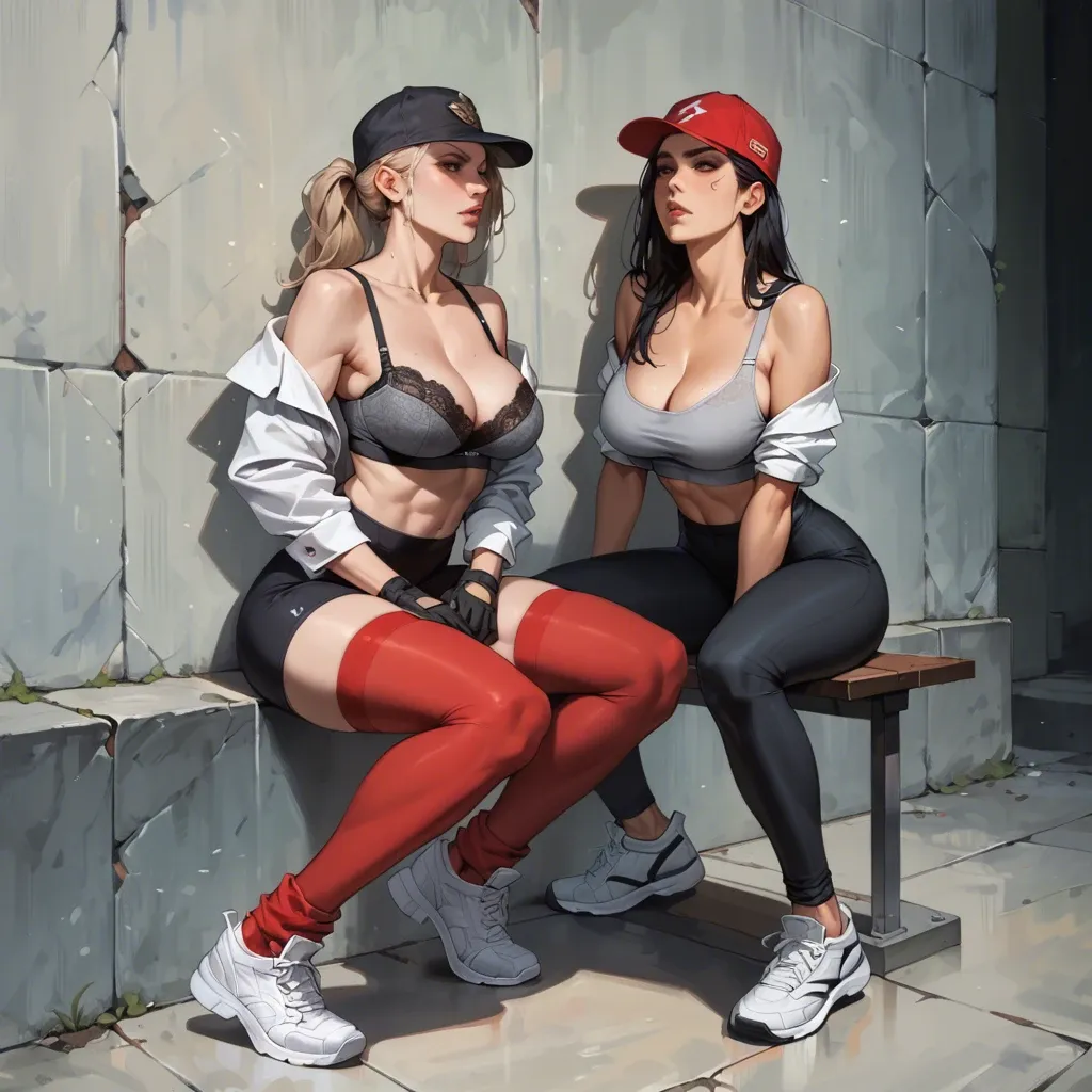 2girl, , , , cheekbones,hands on wall,big breast,breasts out,off shoulder, formal shirt,leg warmers,gloves,lace bra,sandals, leggings,red stockings,garrison cap,gray sports bra,white sneakers, army uniform,fishnet sleeve,sports cap,latex corset,knee boots, bare arms, sparkling, medieval prison, realistic fur, dark, asuka