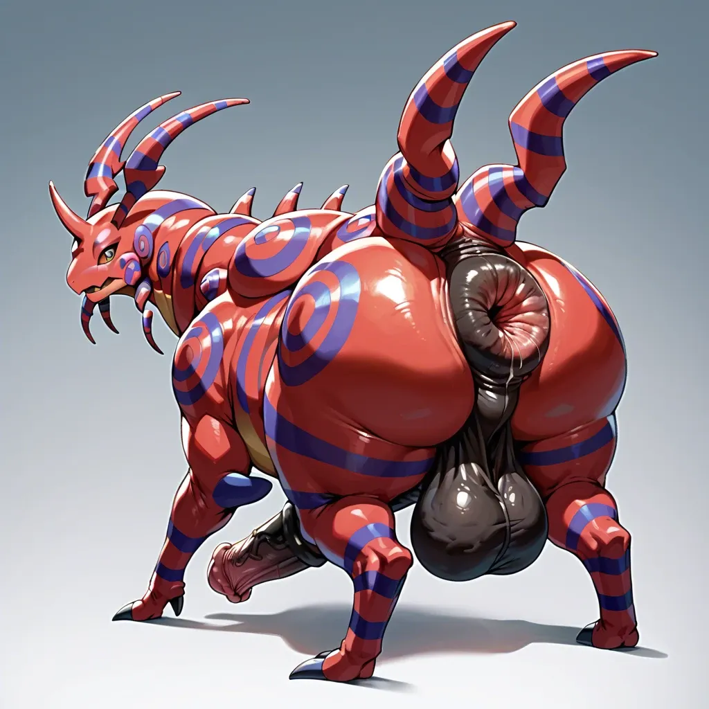 scolipede, pokemon, hyper anus, hyper balls, huge butt, feral, male, equine_penis, hyper penis, red skin, feral face, huge anus