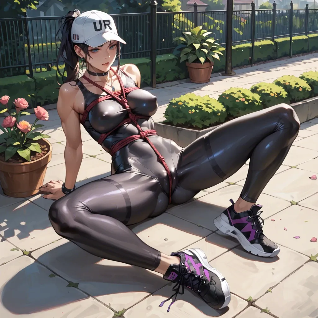 2girl, , , , arching back,legs spread,firm breasts,conceivable,purple necklace, tight tank top,black fishnet,cap,string bodysuit,sneakers, painful shibari, gardens, bedroom, anime, dark blue eyes, girl lara croft, mari makinami