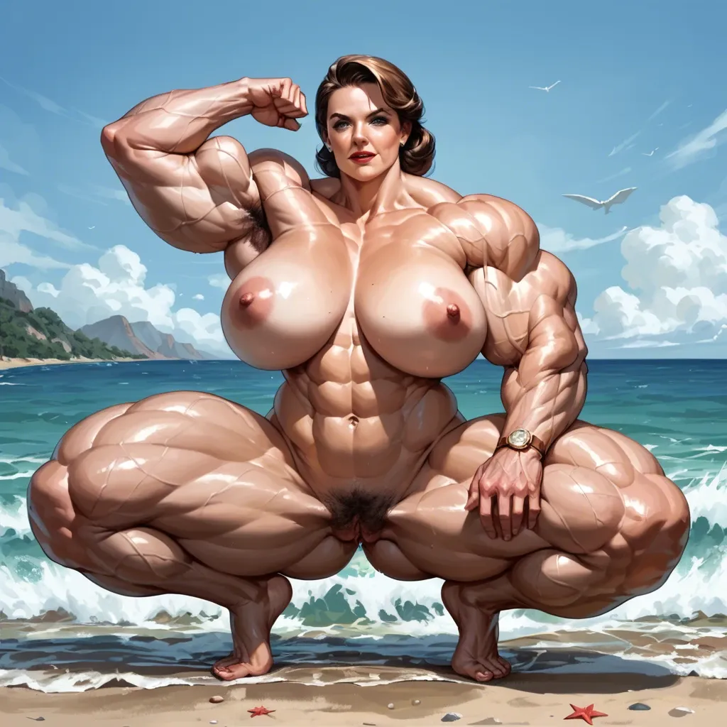 Captain Carter (Peggy Carter) , hyper massive muscles woman, hyper huge massive muscles, hyper gigantic muscles trapèze,  hyper gigant muscles épaule, hyper giant muscles biceps, nude huge boobs, nude hairy pussy, beach