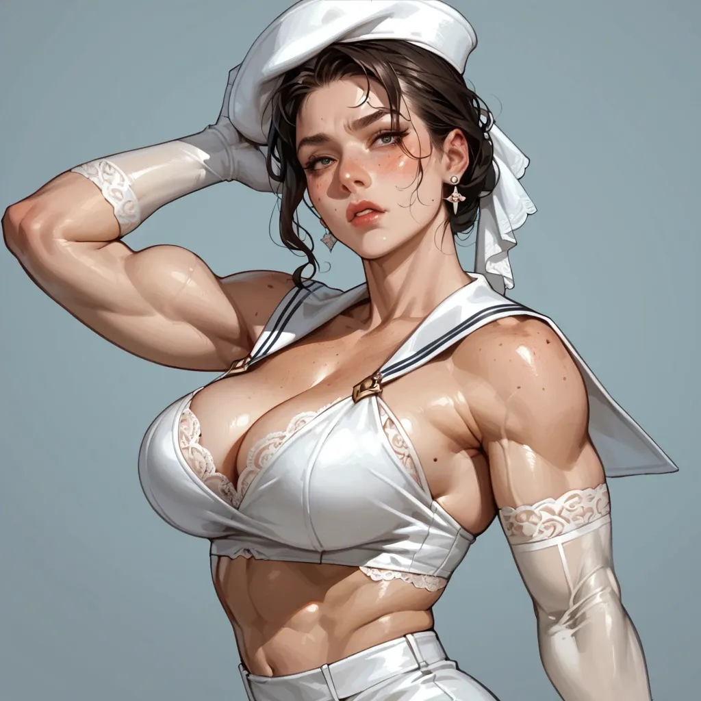 1girl,1boy, , , , cheekbones,elegant,medium tits,adorable girl,wrist, freckled face,biceps,big breast,respectable,elbow gloves, crop top,white lace,sailor hat,string bodysuit,white sneakers, office dress, spaceship, glowing dildo, girl lara croft