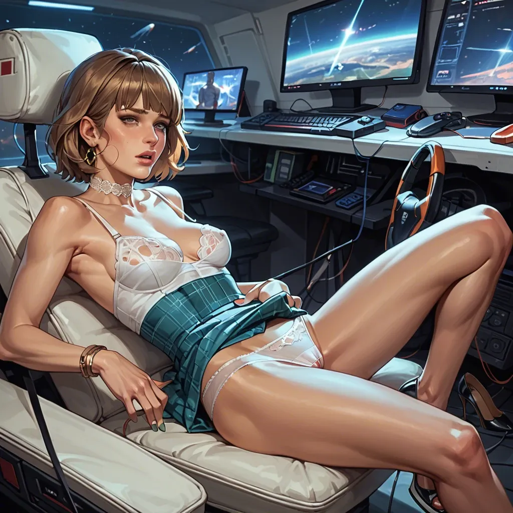 qiyana,1girl,1boy, spread cheeks,hands on waist,round big tits,narrow waist,wrists, torn dress,lace choker,panties,bra lift,stiletto heels, gamer bedroom, max caulfield, spaceship, lying in bed, live realistic, backlit, qiyana