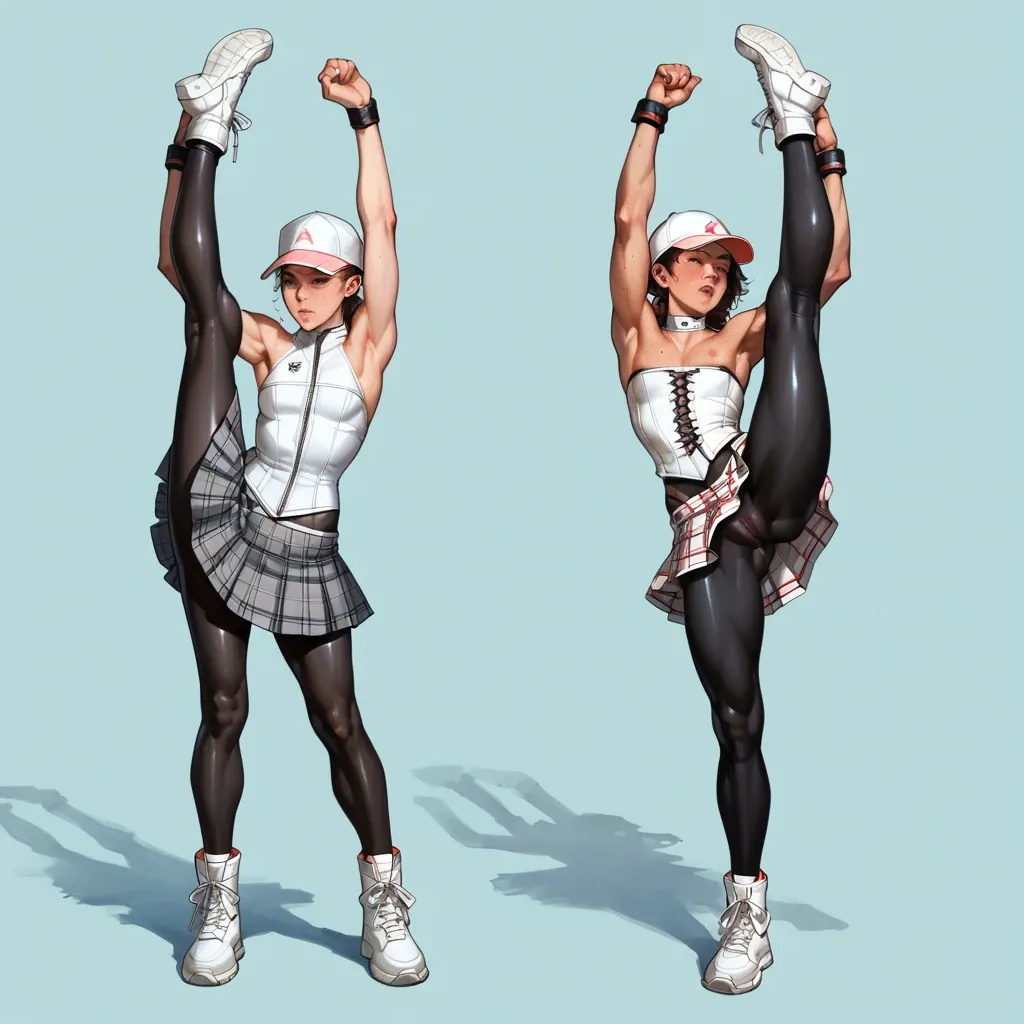 2girl, , , , outstretching,arms tied,flat chest,background sea,free shoulders, freckle,large biceps,large boob slip,waists,standing split, plaid skirt,black leggings,tennis cap,latex corset,white boots, dressed,baggy socks,opaque glasses,laced bodysuit,heels, inside bedroom, sparkling, cyberpunk, semi realistic, dark, lara croft, spider-gwen