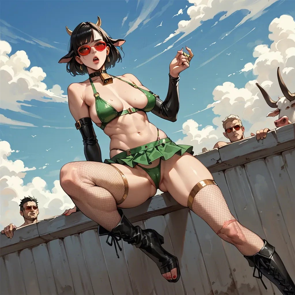 1girl,1boy, , , , scar across eye,five toes,saggy breasts,sky above,bare shoulders, cow costume,gold stockings,red sunglasses,panties on,knee boots, micro skirt,fishnets,rings,green swimsuit,black boots, restrained, throne room, floating dildo, embedding, lara croft, wonder woman, dynamic angle