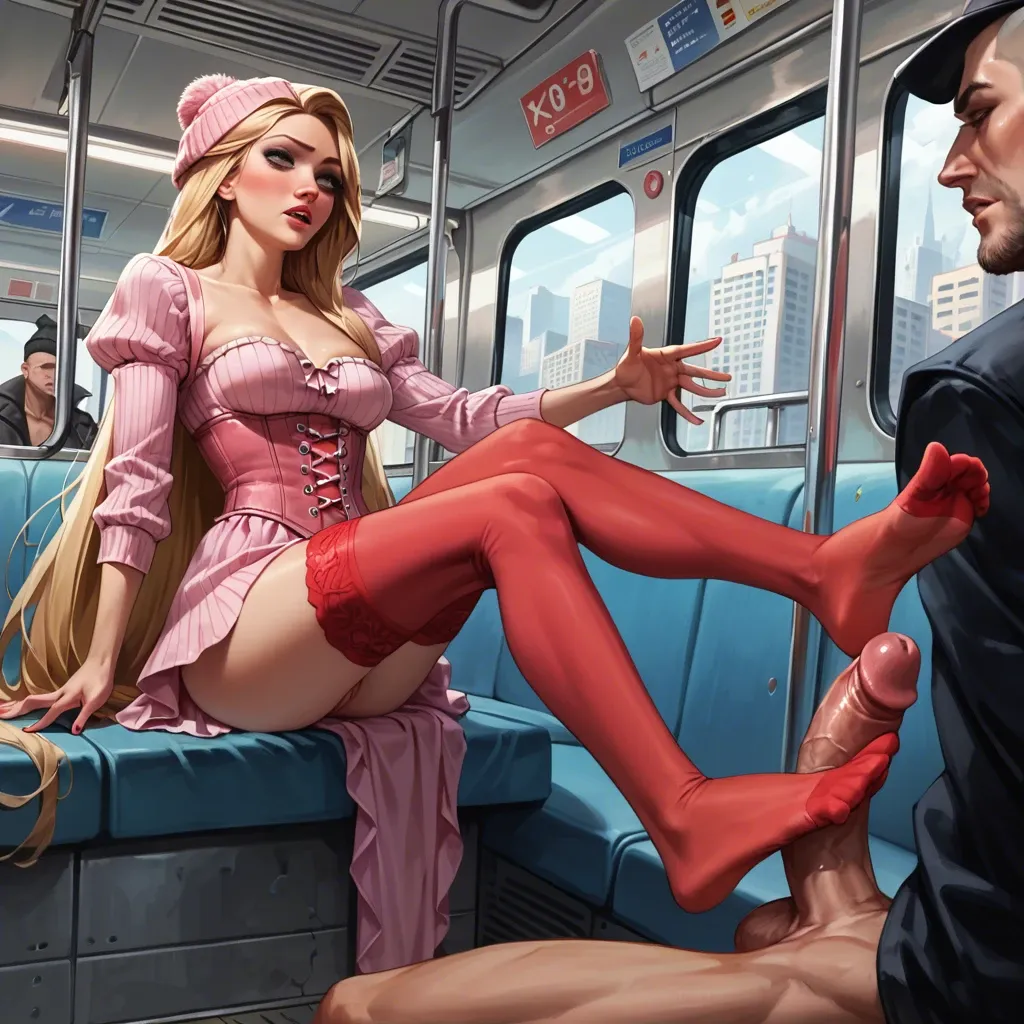 2girl, , , , reaching out,footjob,boob areola,hip thrusts,clenched, dress,red stockings,beanie,pink corset,black sneakers, hotel exterior, subway, cyberpunk, detailed scales, dark eyeshadow, rapunzel waifu