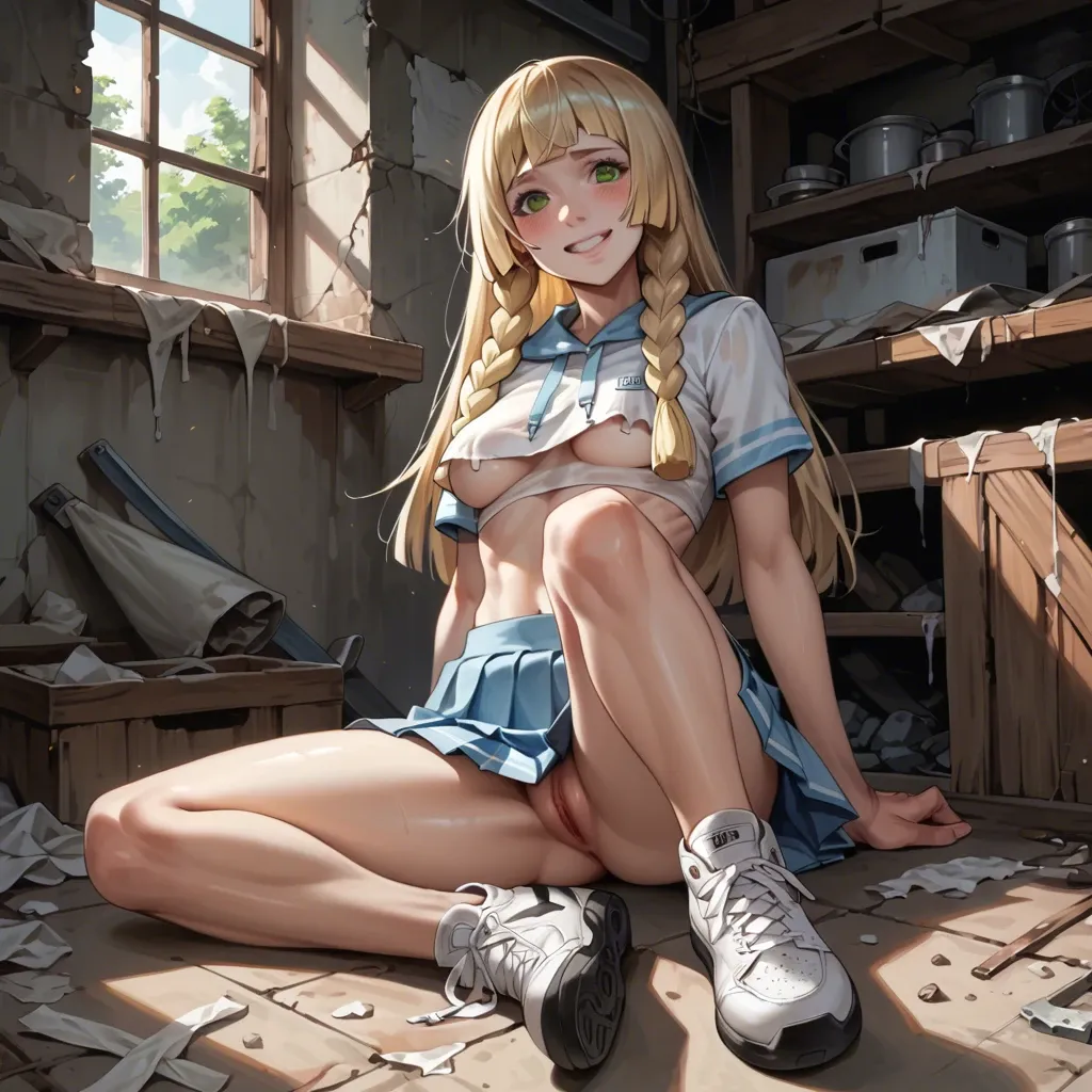 Lillie, detailed face, naughty smile, dressed in pleated mini skirt and top-crop shirt and sneakers, underboobs, legs crossed, abandoned house