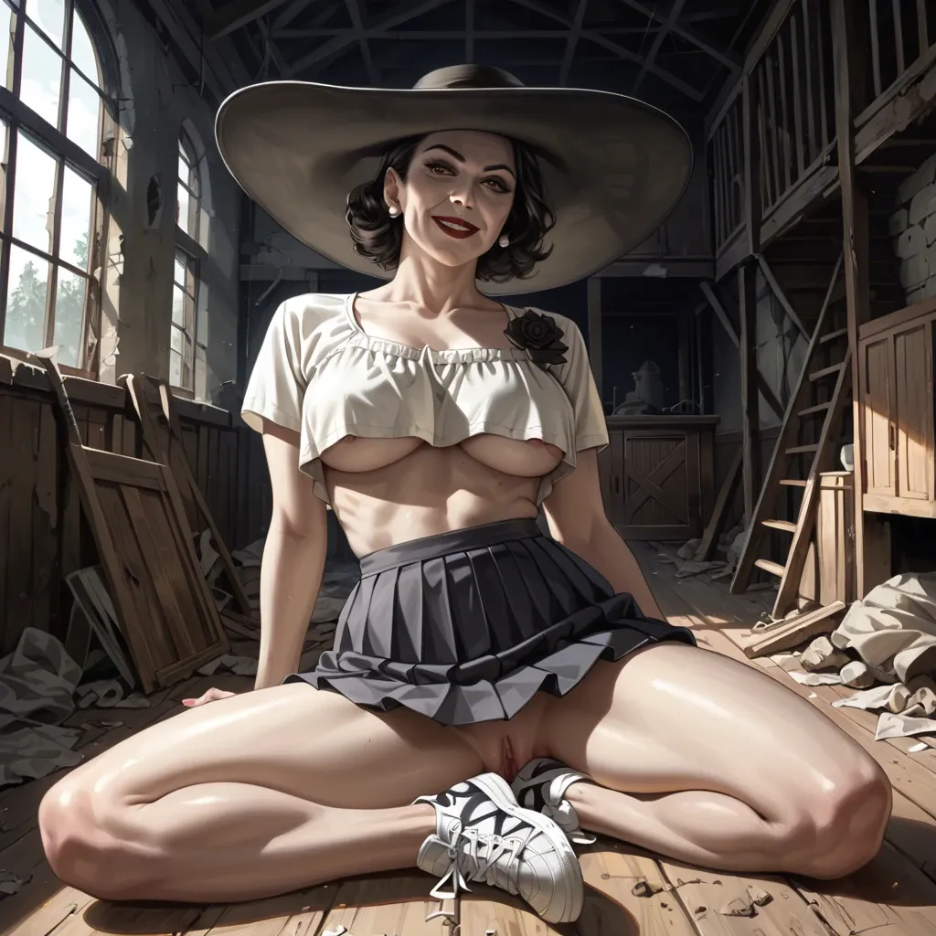 Alcina Dimitrescu, detailed face, naughty smile, dressed in pleated mini skirt and top-crop shirt and sneakers, underboobs, legs crossed, abandoned house