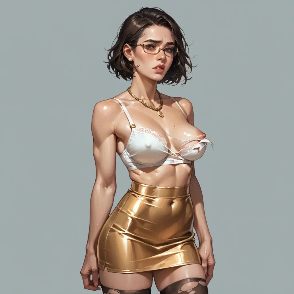 1girl,solo, , , , cheek bulge,thick arms,medium breasts,busty chest,gold necklace, chin,shiny lips,one nipple out,thin waists,natural skin, tight skirt,torn thighhighs,opaque glasses,white bra,boots, bedroom, lake, cyberpunk, spider-gwen, ariel waifu