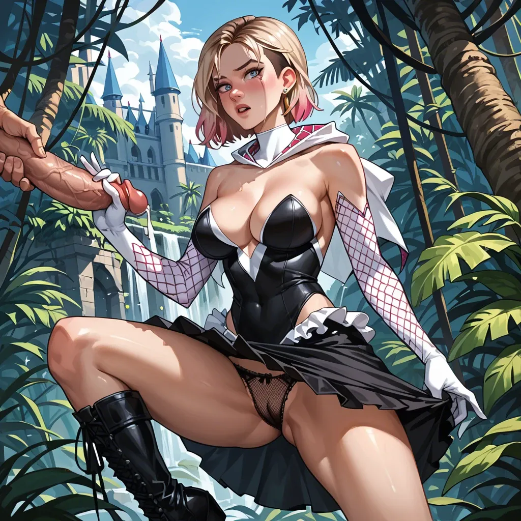 1girl,solo, , , , nose,hand job,large breast,squeezing pecs,bare shoulders, lifted skirt,fishnet sleeve,big earrings,frilled panties,gothic boots, girl in jungle, castle exterior, spider-gwen