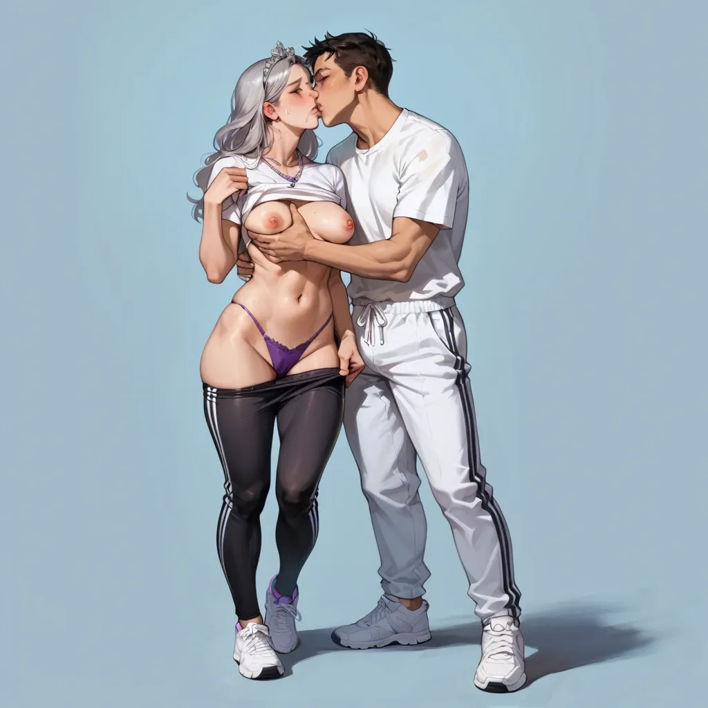 1girl,1boy, , , , molesting,tippy toes,nipples out,very wide hips,kissing neck, sweatpants,tights,silver tiara,laced bodysuit,white sneakers, pull shirt,black stockings,purple necklace,cotton panties,running shoes, open jacket,gold anklets,sailor hat,black bodysuit,strappy sandals, kitchen, battlefield, cyberpunk, digital art, dark sky, mario and luigi, waifu