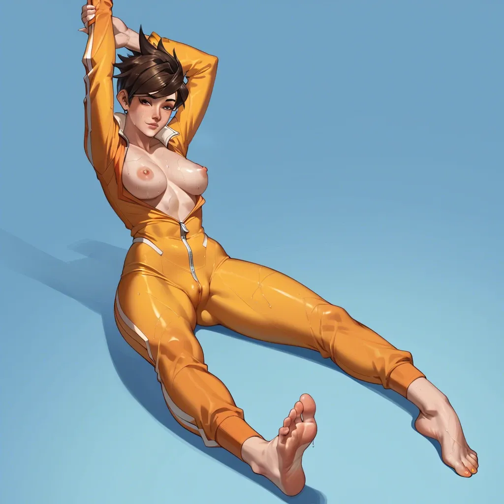 Tracer from overwatch, orange track suit, tight, sweaty, stretching, bare feet,  teasing feet, nipples hard,