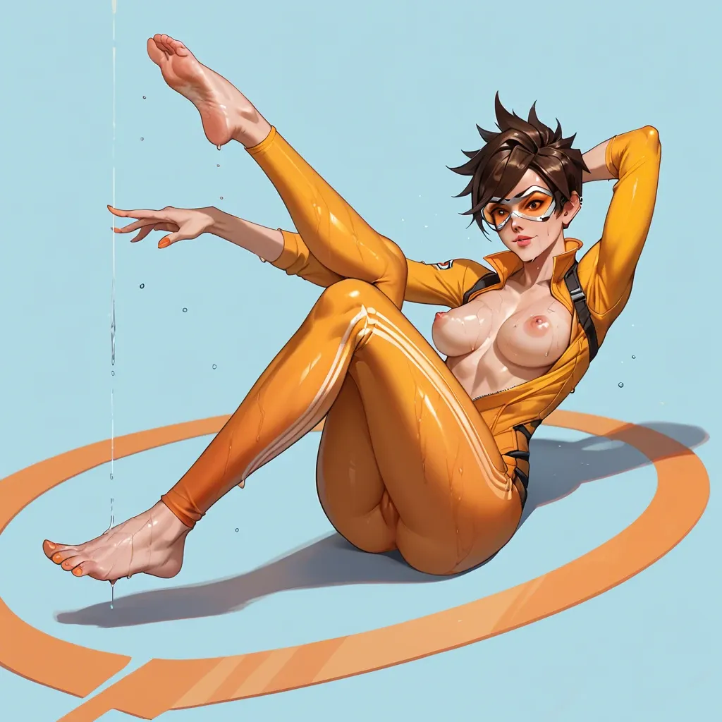 Tracer from overwatch, orange track suit, tight, sweaty, stretching, showing off feet, nipples hard,