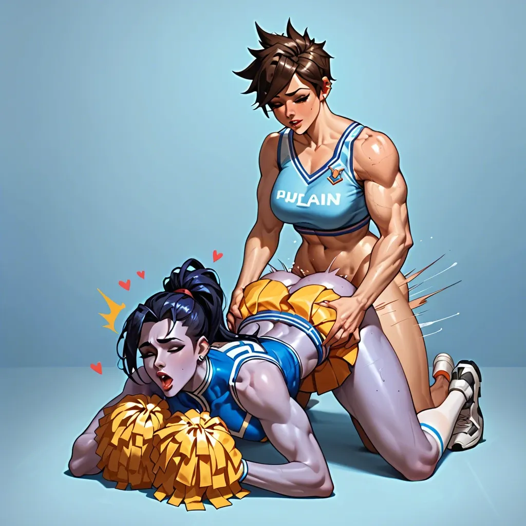 femboy tracer fucked by futa widowmaker,petite femboy,curvy futa,doggystyle,cheerleader,deep thrusting,plapping,muscular futa,huge boobs futa