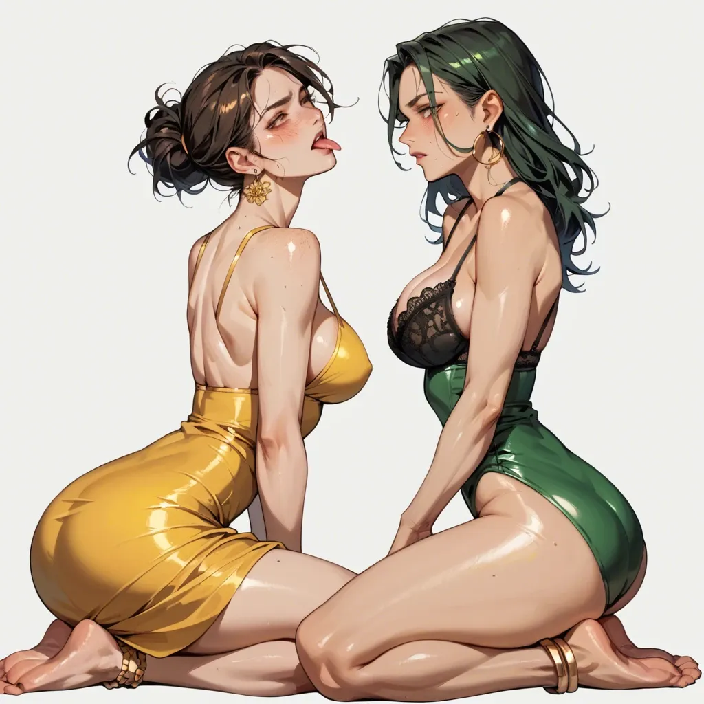 2girl, , , , pink tongue,shiny hair,round breasts,from waist up,bare shoulders, heavy freckles,gold anklets,medium breasts,back female,thin knees, yellow dress,black lace bra,dangly earrings,green swimsuit,strappy sandals, barren, fantasy forest, castle, book shelf, detailed penis, golden hour, linked