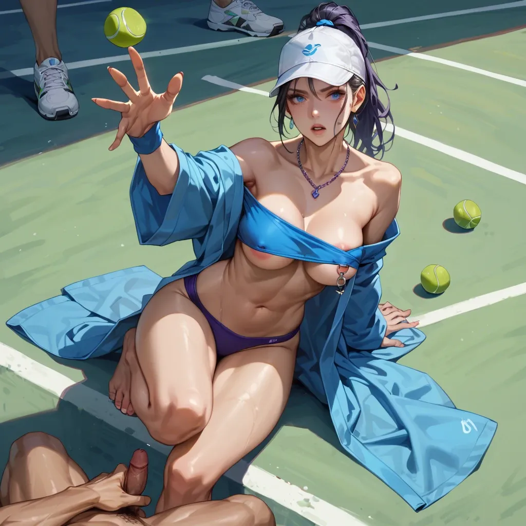 1girl,1boy, , , , reaching back,nice feet,nipple rings,skinny abdomen,buried knees, big blue eyes,toes,areola slip,boob focus,off-shoulder, robe,purple necklace,tennis cap,blue bra,sneakers, bathtub, depth of field, cyberpunk, zelda, spider-gwen, rapunzel waifu