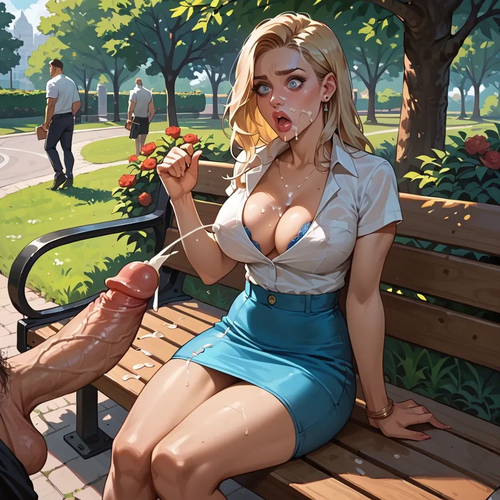 1 surprised blonde girl with blue eyes, a nipple slip, and a mini skirt taking a facial cumshot, cum on lips, 3boy, huge dick, in a park, bench