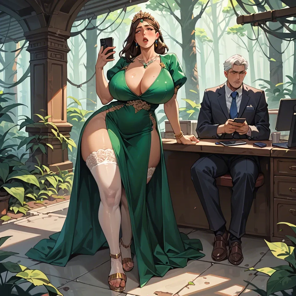 2girl, , , , wide-eyed,perfect feet,huge breasts,huge hips,blushing skin, dark green gown,lace stockings,gold tiara,white panties,strappy sandals, office boy, sunny in forest, spaceship, phone, digital art, bright sunlight, lara croft, ariel waifu