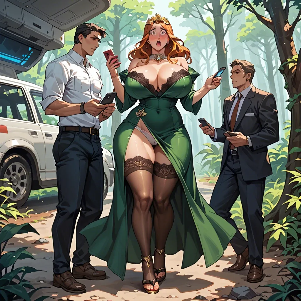 2girl, , , , wide-eyed,perfect feet,huge breasts,huge hips,blushing skin, dark green gown,lace stockings,gold tiara,white panties,strappy sandals, office boy, sunny in forest, spaceship, phone, digital art, bright sunlight, lara croft, ariel waifu