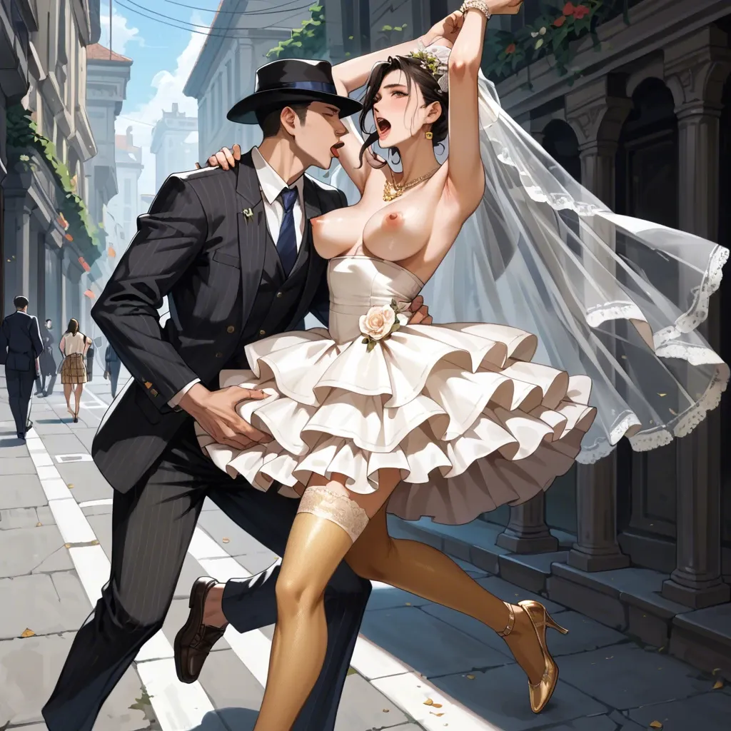 1girl,1boy, , , , jawline,arms up,licking nipple,love handles,mitanko, plaid skirt,golden necklace,bridal veil,no bra,running shoes, cocktail dress,gold stockings,black hat,frilled bra,brown boots, barn, train, medieval, obedient, anime style, moody lighting, princess peach, ariel, waifu