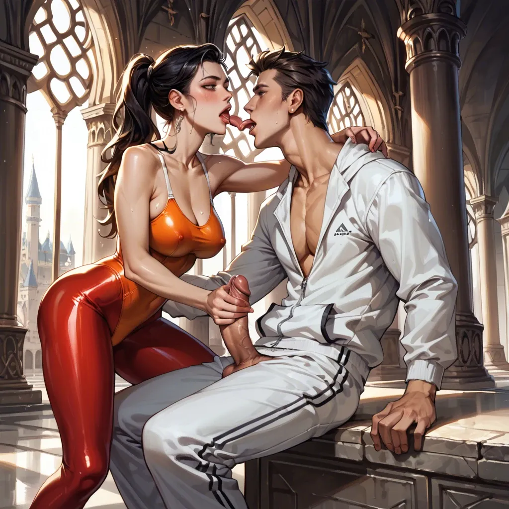 1girl,1boy, , , , detailed lips,licking feet,huge boobs,absurdres,shoulders, sweatpants,red thighhighs,collarbone,bodysuit,white boots, black miniskirt,palace,strings,orange leotard,white sneakers, office man, ocean, spaceship, harness gag, detailed image, bright eyes, zelda, rapunzel, ariel waifu