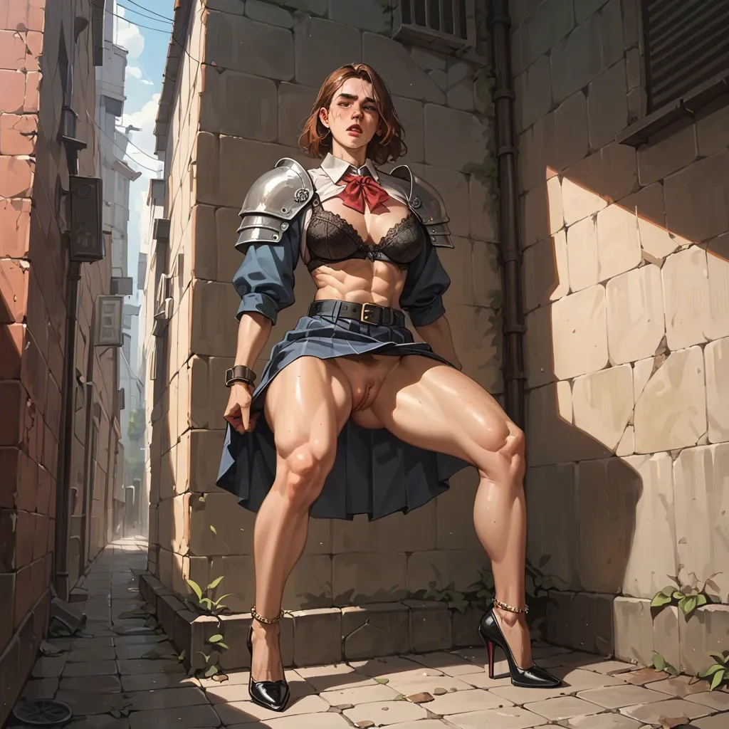 1girl,solo, , , , freckled breast,toned thighs,hard nipple,saggy labia,shoulder pads, school uniform,anklets,black belt,lace bra,stiletto heels, bathroom stall, dark alleyway, medieval prison, dildo, zelda, moana, waifu