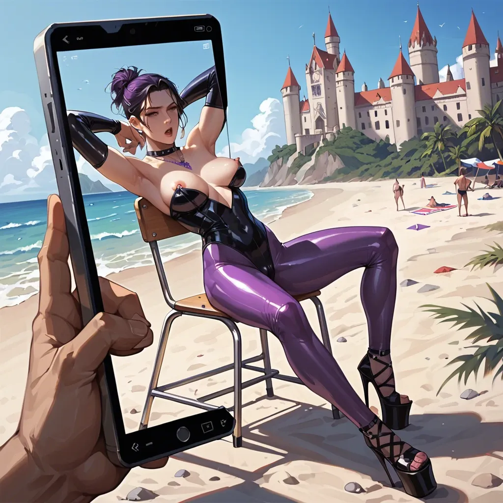 1girl,1boy, , , , irises,spread armpits,perky breast,bar background,skin indentation, blouse,laced,purple necklace,latex bodysuit,platform heels, classroom, on beach, castle, phone screen, bondage outfit, realistic, sunlight, girl lara croft, ariel waifu