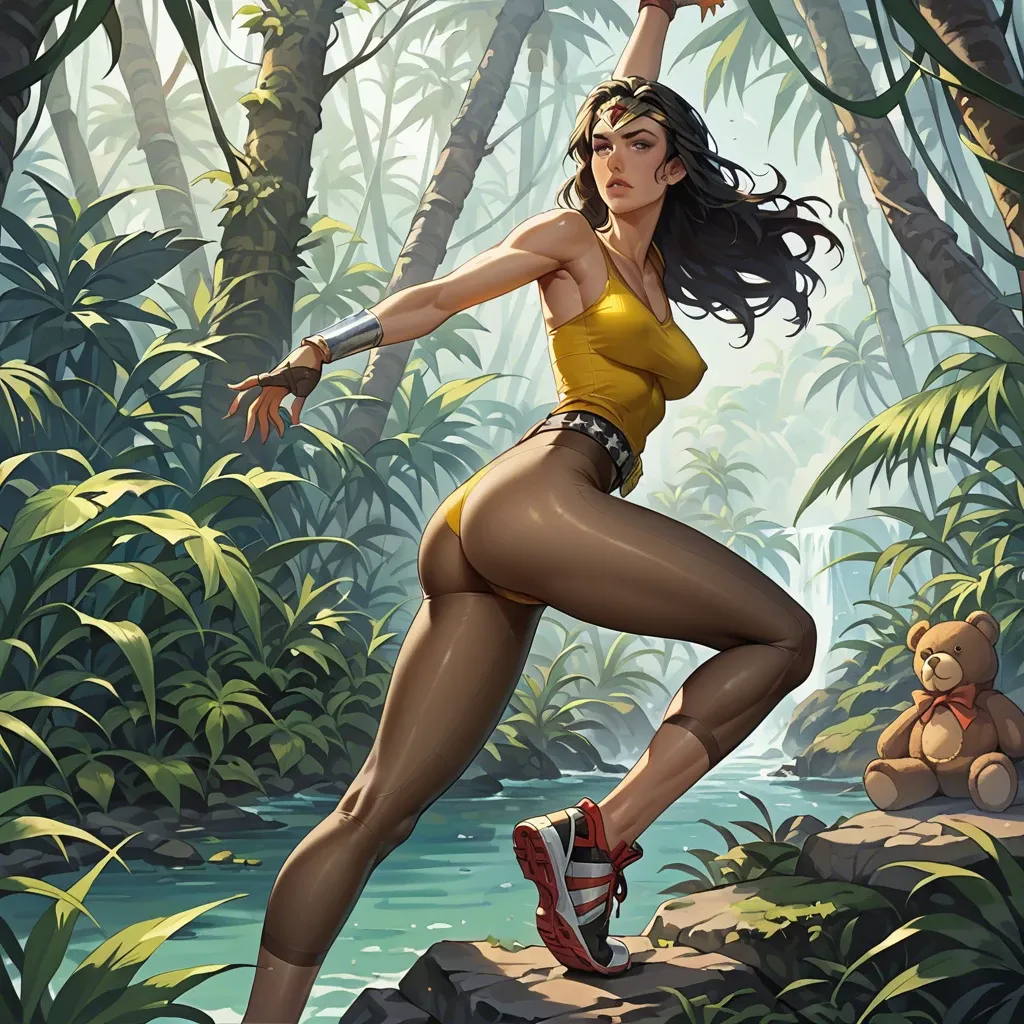 1girl,solo, , , , stretching ass,army,shaped nipples,waist,slim ankles, yellow tank top,tights,belt,teddy,running shoes, brazil jungle, cyberpunk, zelda sd, wonder woman, rei