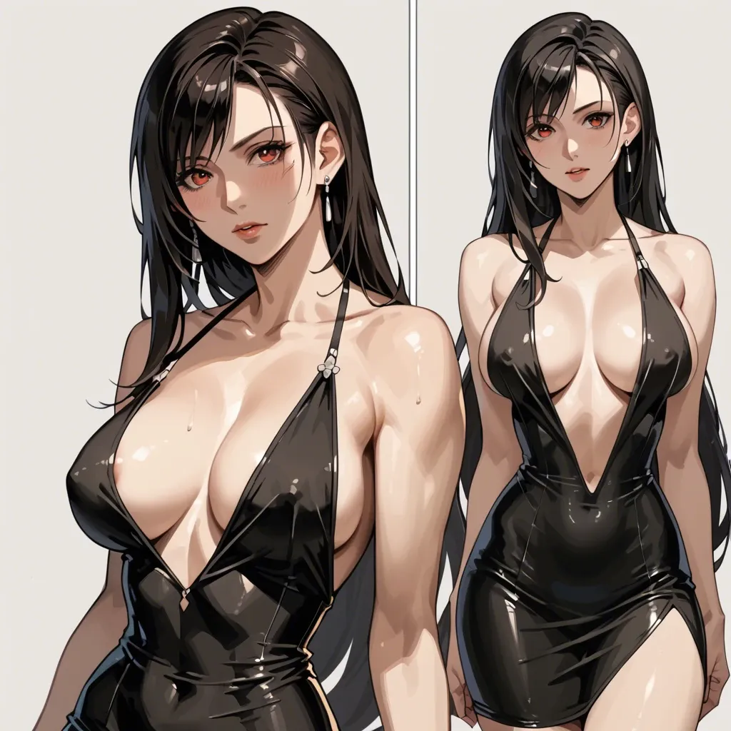 Tifa Lockhart, revealing dress, black dress, skin tight dress, nip slip, sexy, fancy room