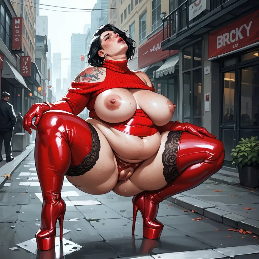 1girl,solo, , , , eyebrow,fat obese arms,defined nipples,waists,throat bulge, freckles,high heel,perky nipples,city background,shoulder tattoo, sweater,red stockings,latex gloves,lace lingerie,high heels, torn skirt,white socks,military hat,red corset,heels, painful shibari, sparkle, medieval theme, table, mari makinami