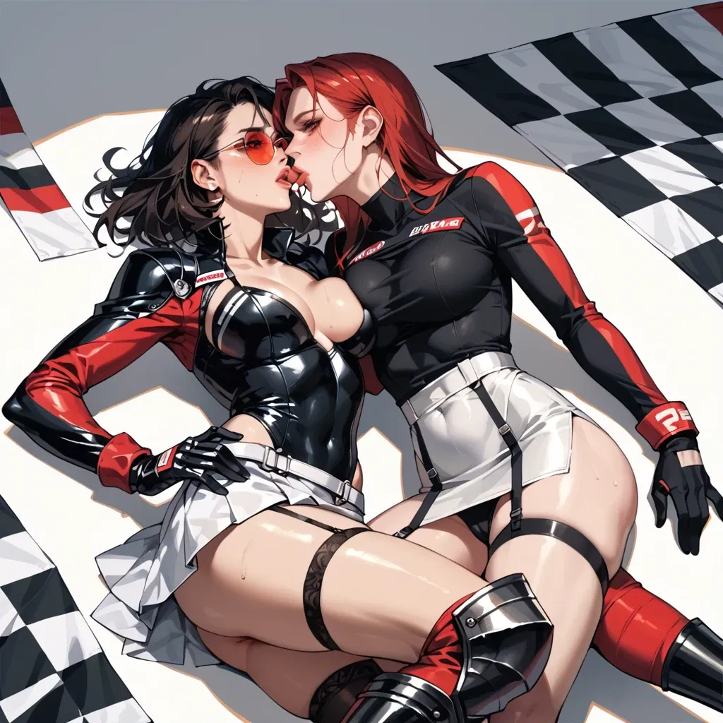 2girl, , , , squint eyes,shiny lips,round big tits,on back,kissing neck, black shirt,socks,racing gloves,string bodysuit,armored boots, white skirt,garter belt,red sunglasses,black leotard,high heels, sundress,white socks,wet panties,string bodysuit,sandals, bedroom, streets, medieval dress, phone screen, realistic style, dark penis, linked, ariel, mari makinami