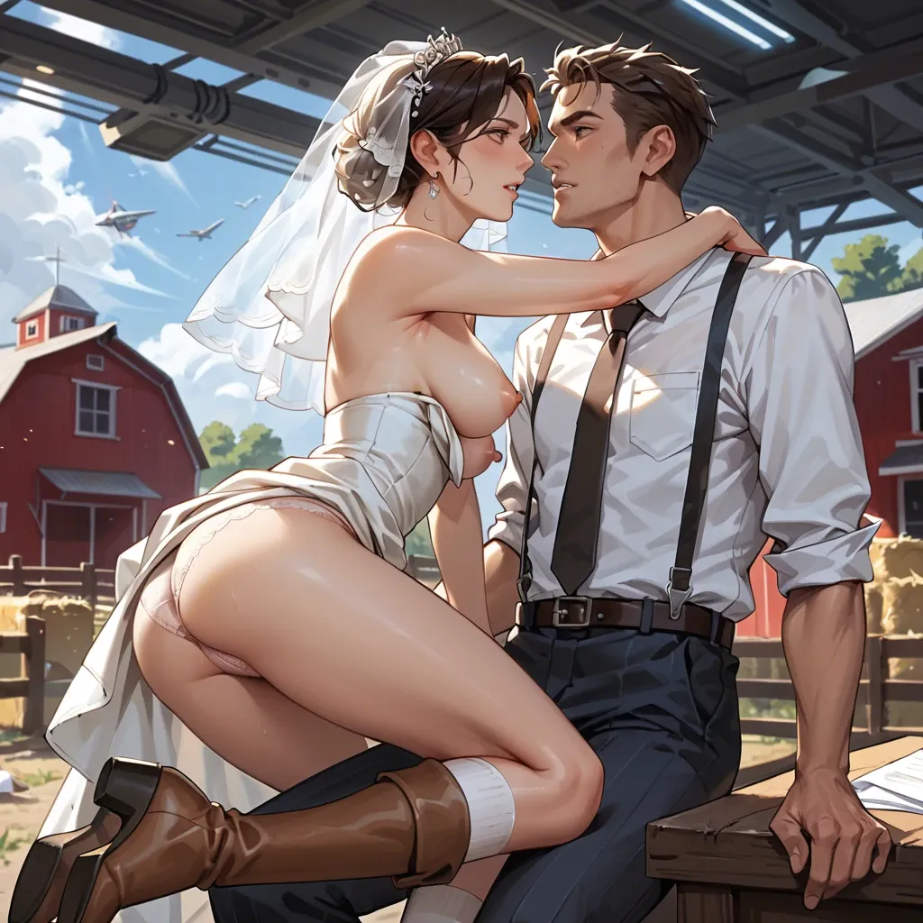 1girl,1boy, , , , touching body,clean armpit,detail areola,jumpy boobs,bare shoulder, office dress,knee socks,bridal veil,cotton panties,brown boots, barn background, depth of field, spaceship, respectable, zelda, wonder woman, rapunzel waifu